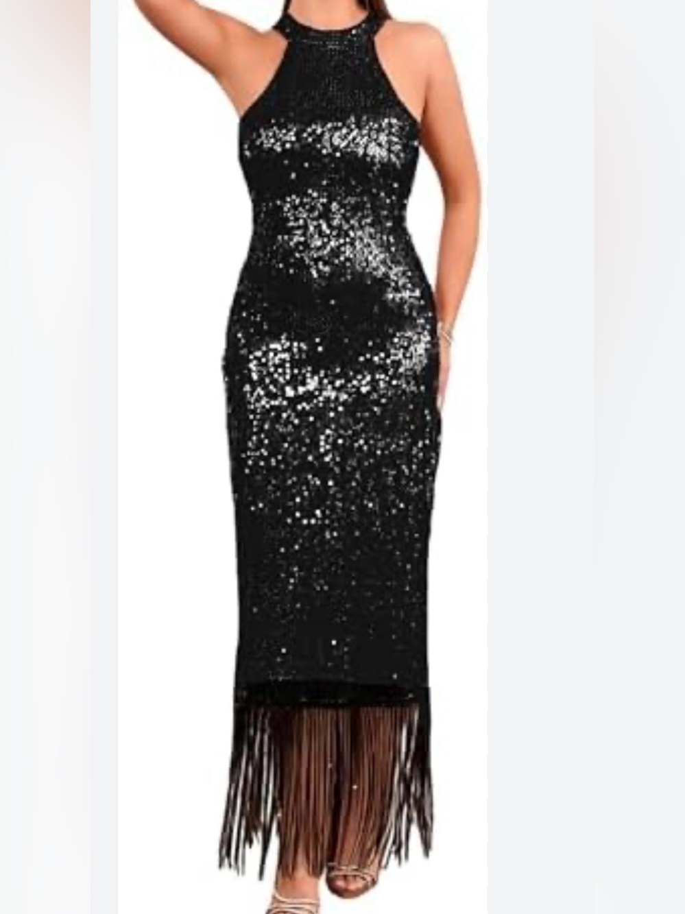 Black Sequin Midi Dress with Fringe Hem